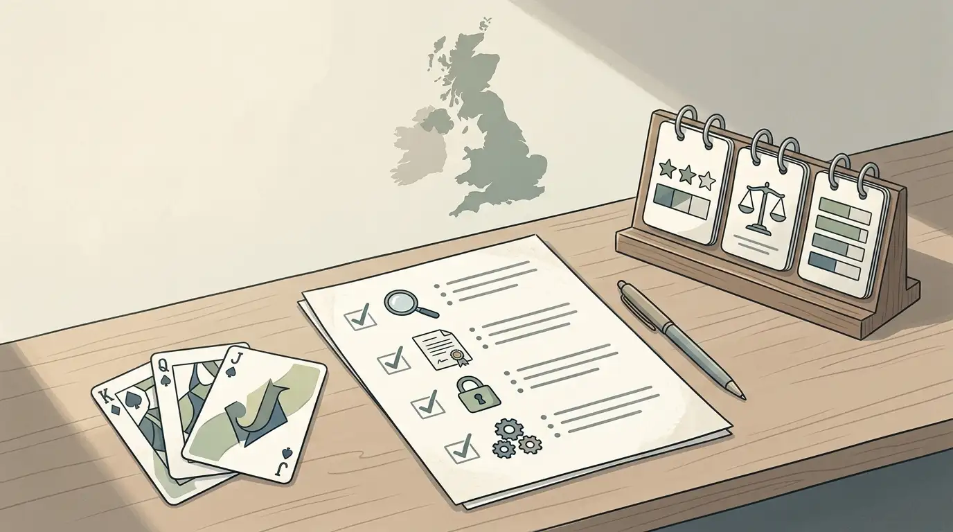 Illustration of a UK casino review checklist beside a cautious rating board