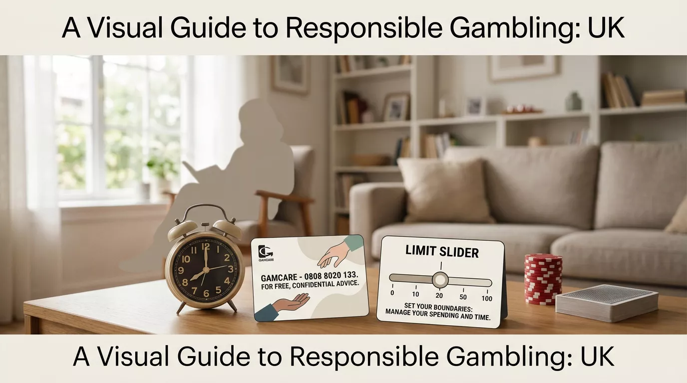 Calm responsible gambling reminder with checklist and time limit symbols