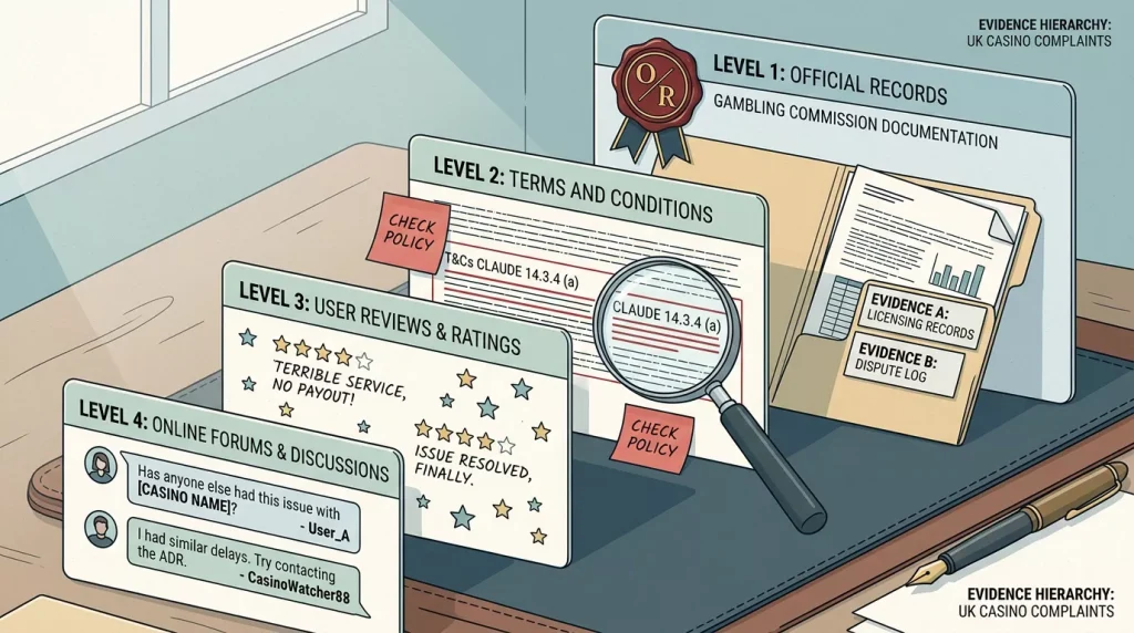 Evidence hierarchy visual for Candyland Casino UK complaints and reputation checks