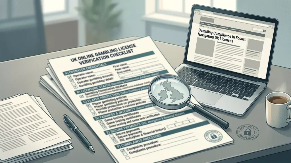 Candyland Casino UK licence verification checklist beside a laptop screen