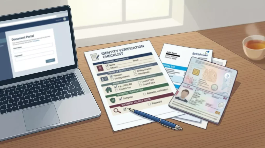 Candyland Casino UK registration and KYC document checklist on a desk